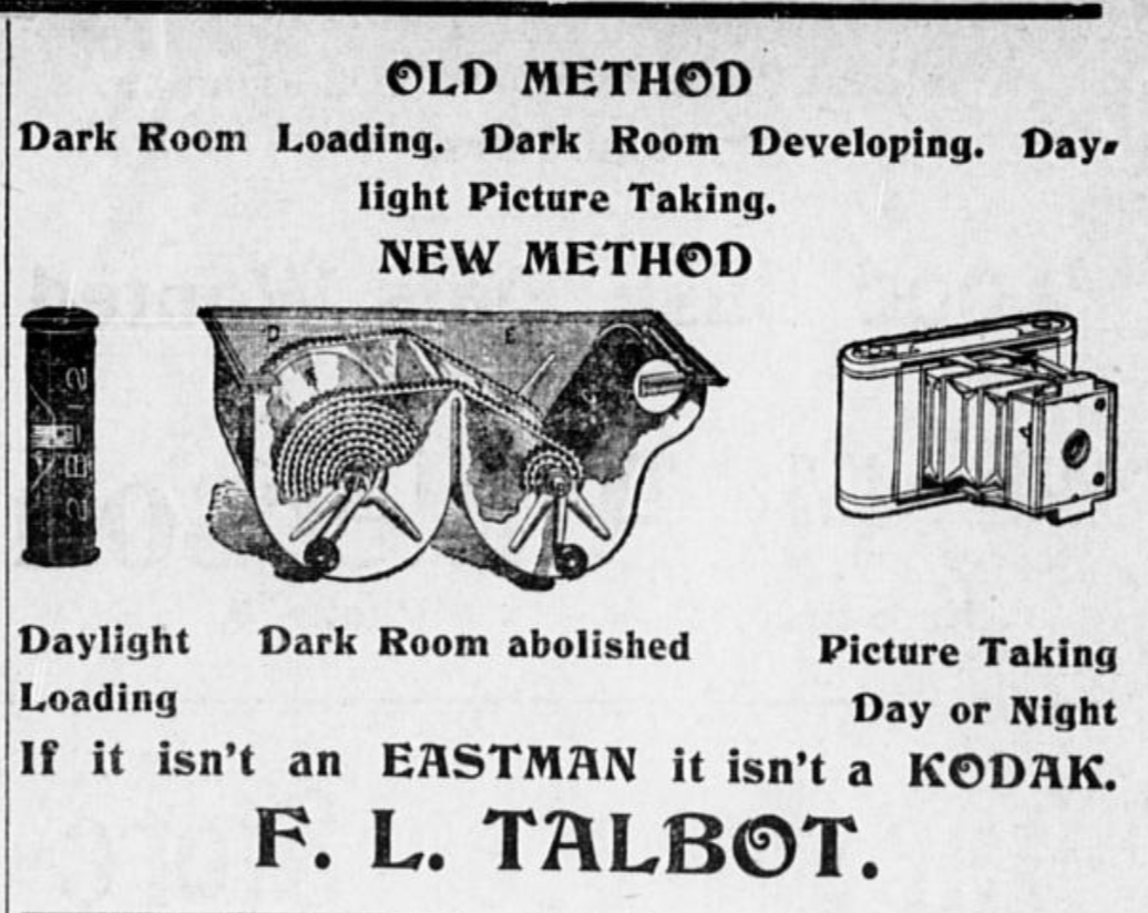 An early advertisement for Kodak cameras. From the Wetaskiwin Times, January 1, 1904